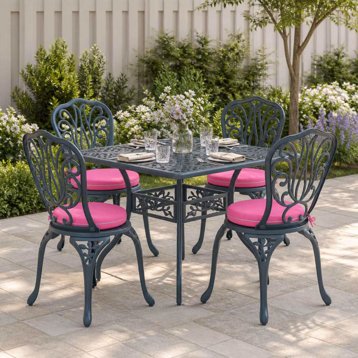 Set di 4 cuscini per sedia rotondi vidaXL in poliestere rosa con rivestimento lavabile e resistente ai raggi UV