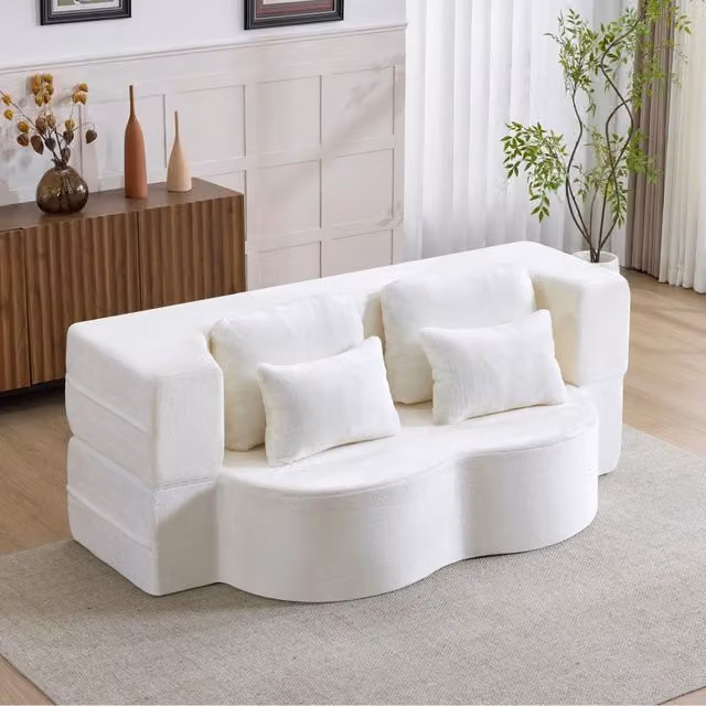 Divano modulare bianco REDOM con funzione letto e cuscini inclusi, L/P/H: 143 x 36 x 36 cm