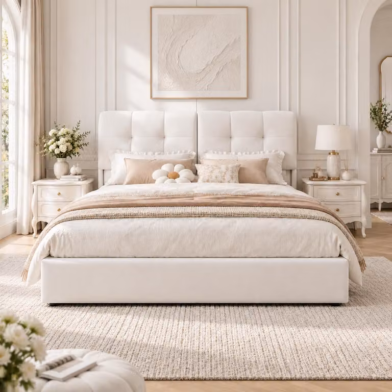 Letto idraulico imbottito INONEFT, 140x200 cm, con LED e USB, letto per ragazzi, letto contenitore, struttura letto matrimoniale con testiera e rete a doghe, in velluto, color beige