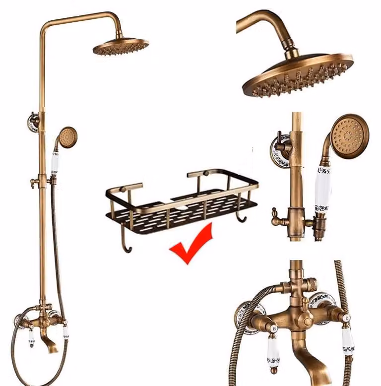 Set doccia in ottone anticato - Sistema doccia a pioggia classico - Doccetta a soffione da 20 cm - Miscelatore a due maniglie con doccetta a mano - Colonna regolabile in altezza da 70 a 120 cm - Con ripiano - Finitura in ottone anticato