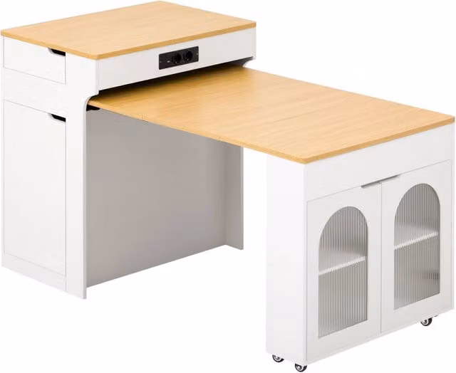 Isola cucina con ruote e tavolo allungabile, con prese elettriche e ante in vetro curvato bianco, mobile con due cassetti per cucina e sala da pranzo