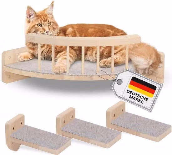 Parete da arrampicata per gatti con rivestimento in legno e velluto, 3 gradini, ripiano angolare, grigio