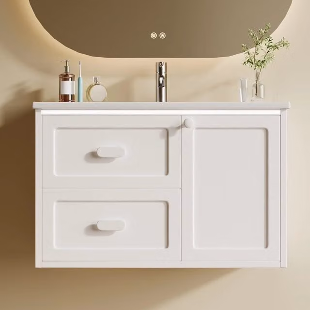 Mobile sottolavabo OKWISH moderno in MDF laccato bianco con illuminazione LED integrata, 2 cassetti e 1 vano, sospeso, L: 76 cm, P: 46 cm, H: 51 cm