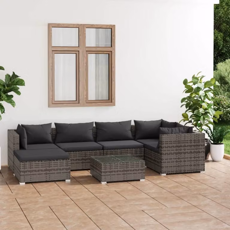 The Living Store Set da salotto da giardino 7 pezzi con cuscini in poly rattan grigio