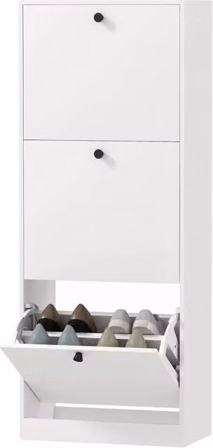 Scarpiera moderna per ingresso con 3 ante ribaltabili e ripiani interni, colore bianco, L: 47 cm, P: 26 cm, H: 120 cm – 1