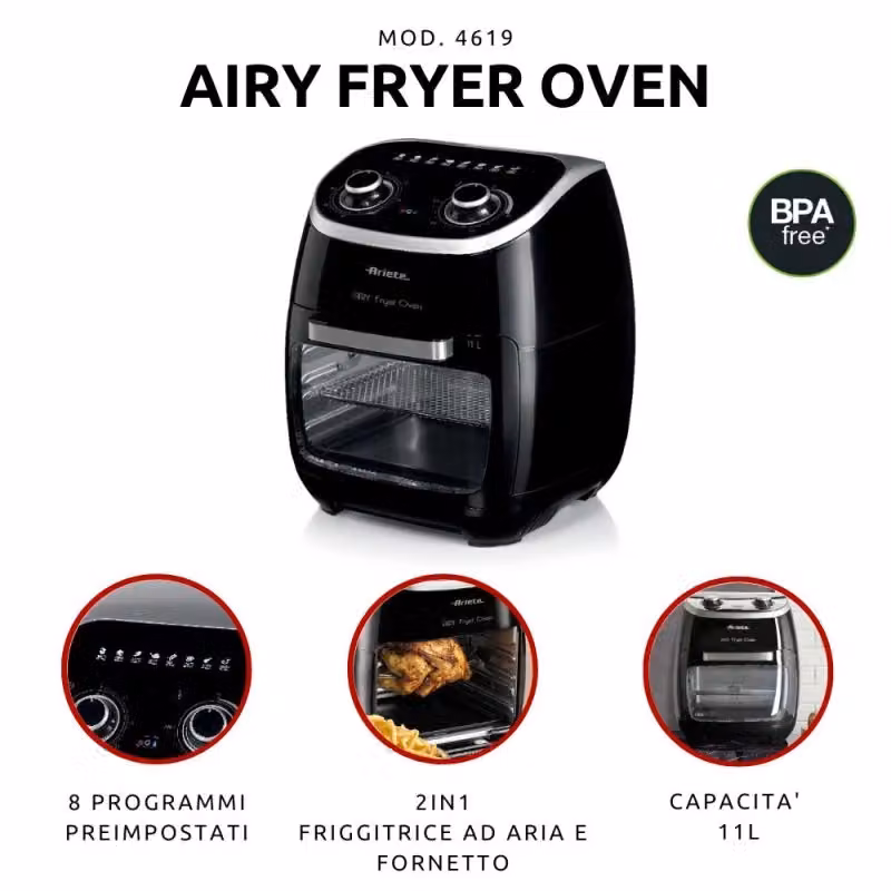 Friggitrice ad aria e forno Ariete con girarrosto, display digitale e timer, 2000 Watt, 11 litri, Nero – 2