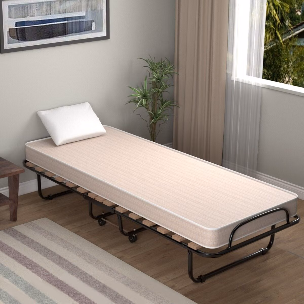 Set di 2 letti pieghevoli Costway con materasso in memory foam, letti portatili con 4 ruote girevoli, colore beige, L/P/H: 190 x 80 x 33 cm