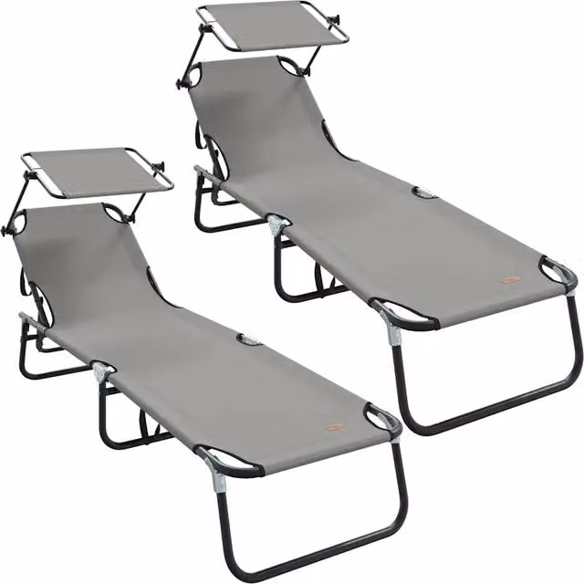 Set di 2 lettini prendisole pieghevoli da giardino in acciaio grigio con poggiatesta regolabile e tendalino L 190 x P 57 x H 81 cm