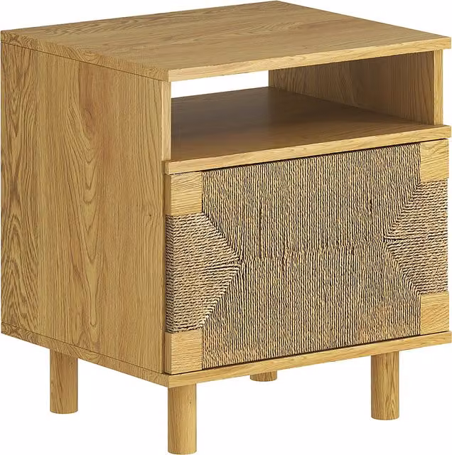Comodino Bohemien HOMCOM in Rovere con Porta in Corda di Carta e Ripiano Aperto, L 45 cm x P 39 cm x H 50 cm – 1