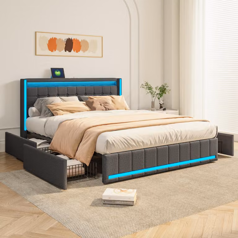 Letto imbottito REMZETTA, 180x200 cm, con illuminazione LED, prese USB, 4 cassetti e testiera aletta, colore grigio