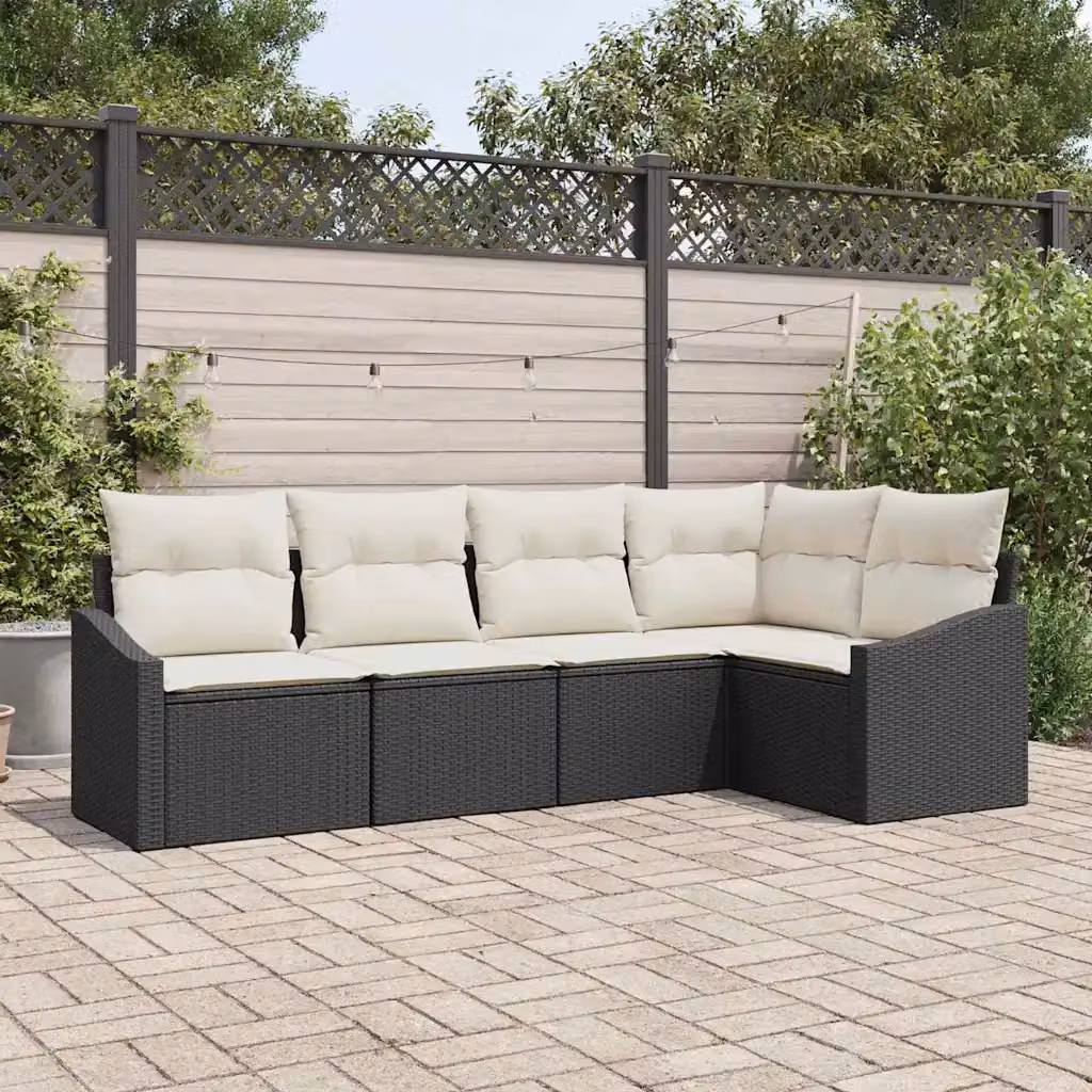 Set Divano da Giardino vidaXL a Forma di L in Polyrattan con Cuscini, Nero e Bianco – 1