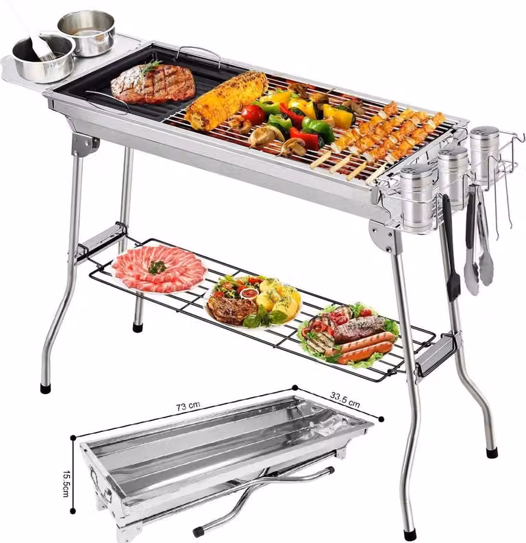 Barbecue in acciaio inossidabile - Griglia a carbone - BBQ - Acciaio inossidabile - 73 x 34 cm - Include utensili da cucina - Colore argento