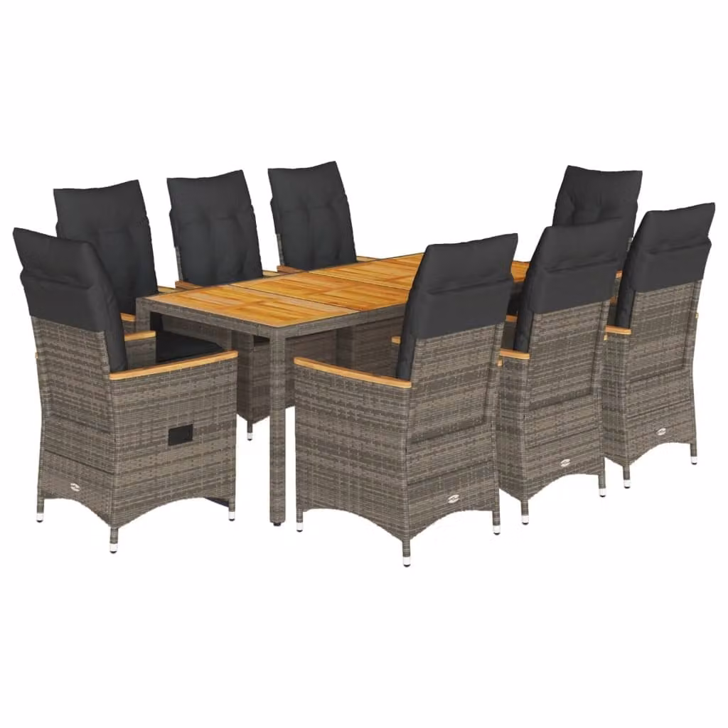 Set da Pranzo da Giardino 9 pz con Cuscini in Polyrattan Grigio