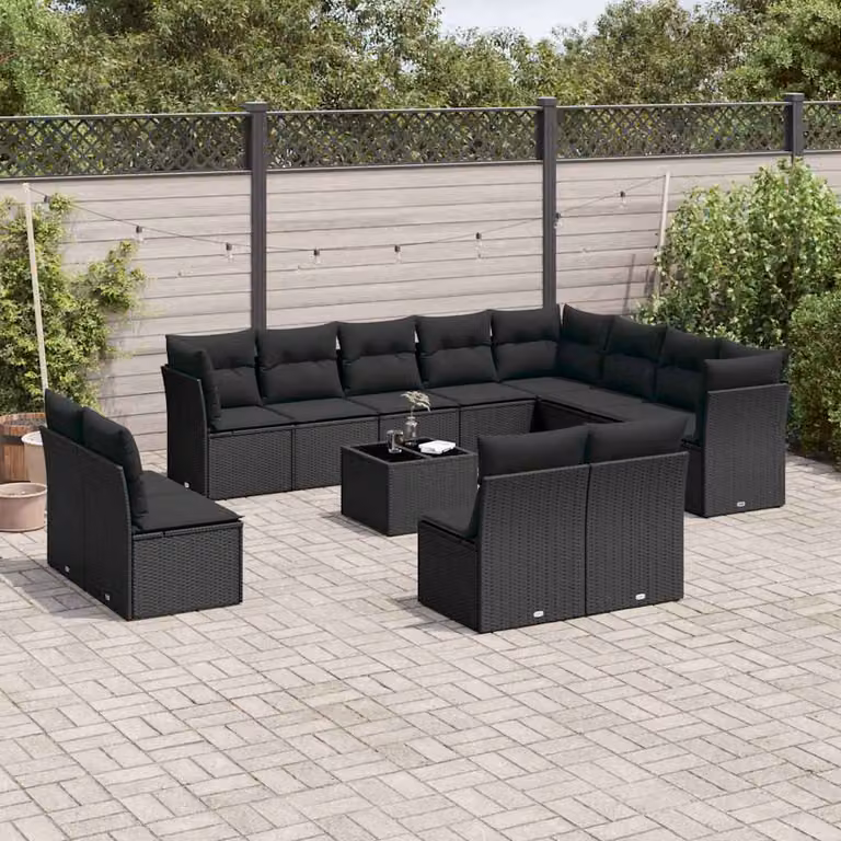 Set di divani da giardino vidaXL in polyrattan nero con cuscini e tavolino da esterno