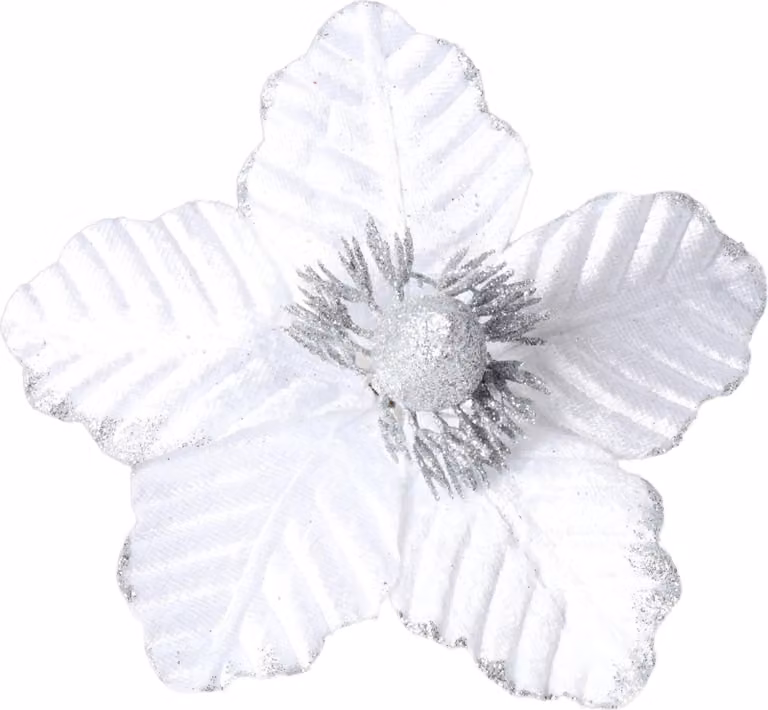 Magnolia bianca e argento su spiedino - Fiori per albero di Natale 19,5 cm