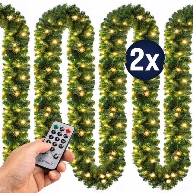 Set di 2 Ghirlande Natalizie Casaria® Verdi con 100 LED, Lunghezza: 5 m, con Telecomando, Timer e Dimmerabile, Impermeabile IP44