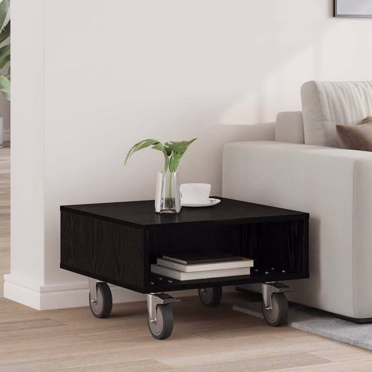 Tavolino con ruote vidaXL in rovere e nero, design minimalista, L 50,5 cm x P 50 cm x H 30 cm