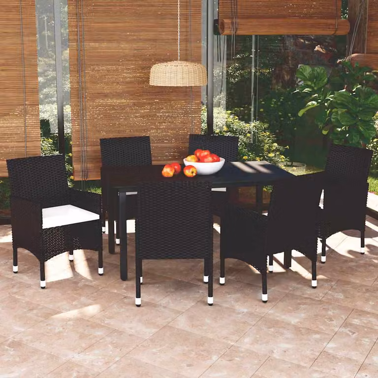 Set da pranzo da giardino vidaXL in polyrattan nero con tavolo in vetro e 7 pezzi
