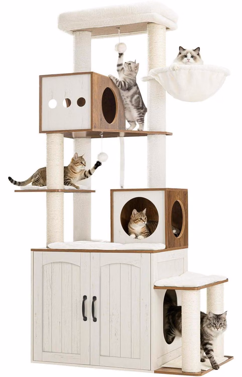Albero per gatti con armadietto per la lettiera, 190 cm, bianco e marrone