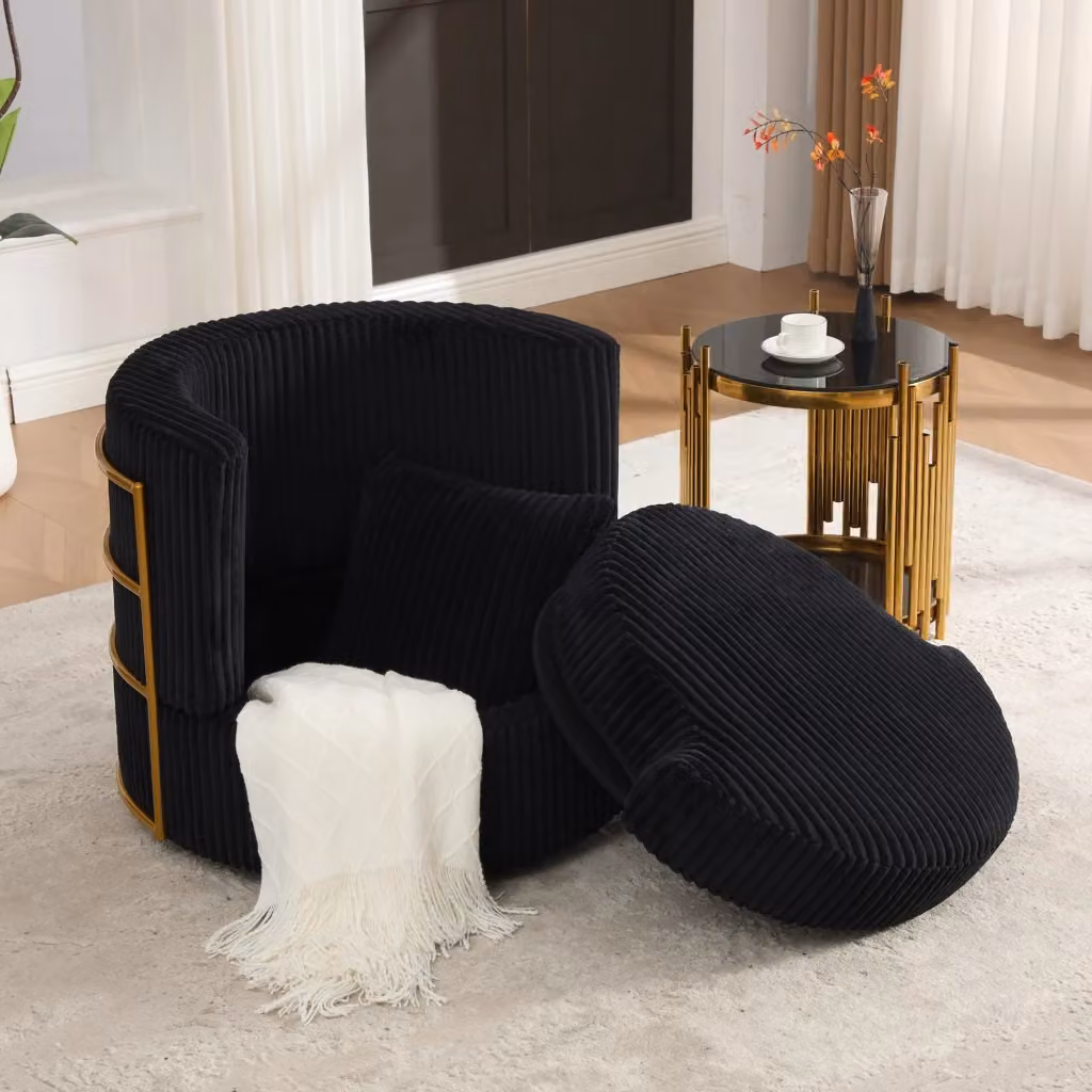 Poltrona girevole 360 WISHDOR in velluto a coste nera con seduta imbottita in schiuma e design moderno per soggiorno o camera da letto L: 76 cm, P: 78 cm, H: 79 cm – 2