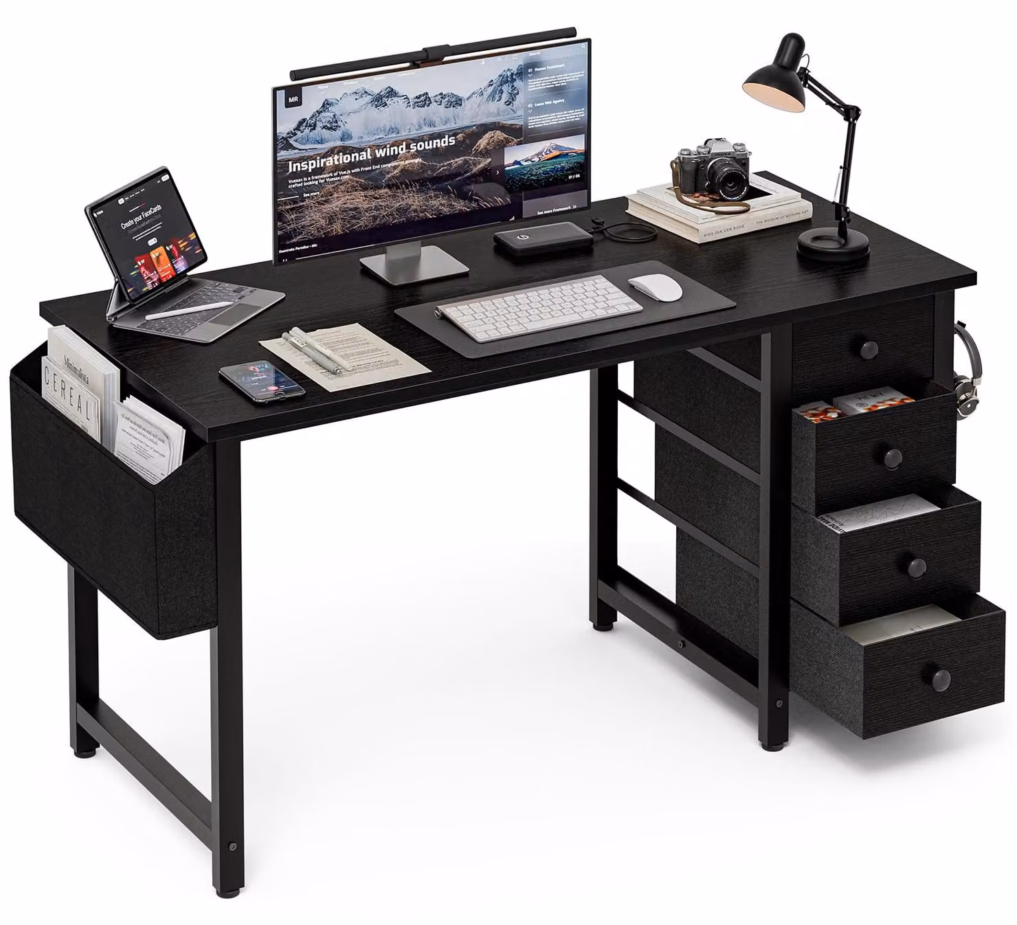 Scrivania con 4 cassetti, 120 cm, rivestita in tessuto, ideale per piccoli spazi