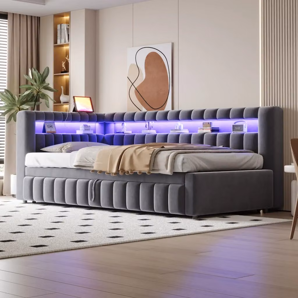 Letto divano estraibile OKWISH in tessuto grigio con illuminazione LED, porte USB e Type-C e ripiani laterali, L/P/H: 200 x 90 x 120 cm – 2