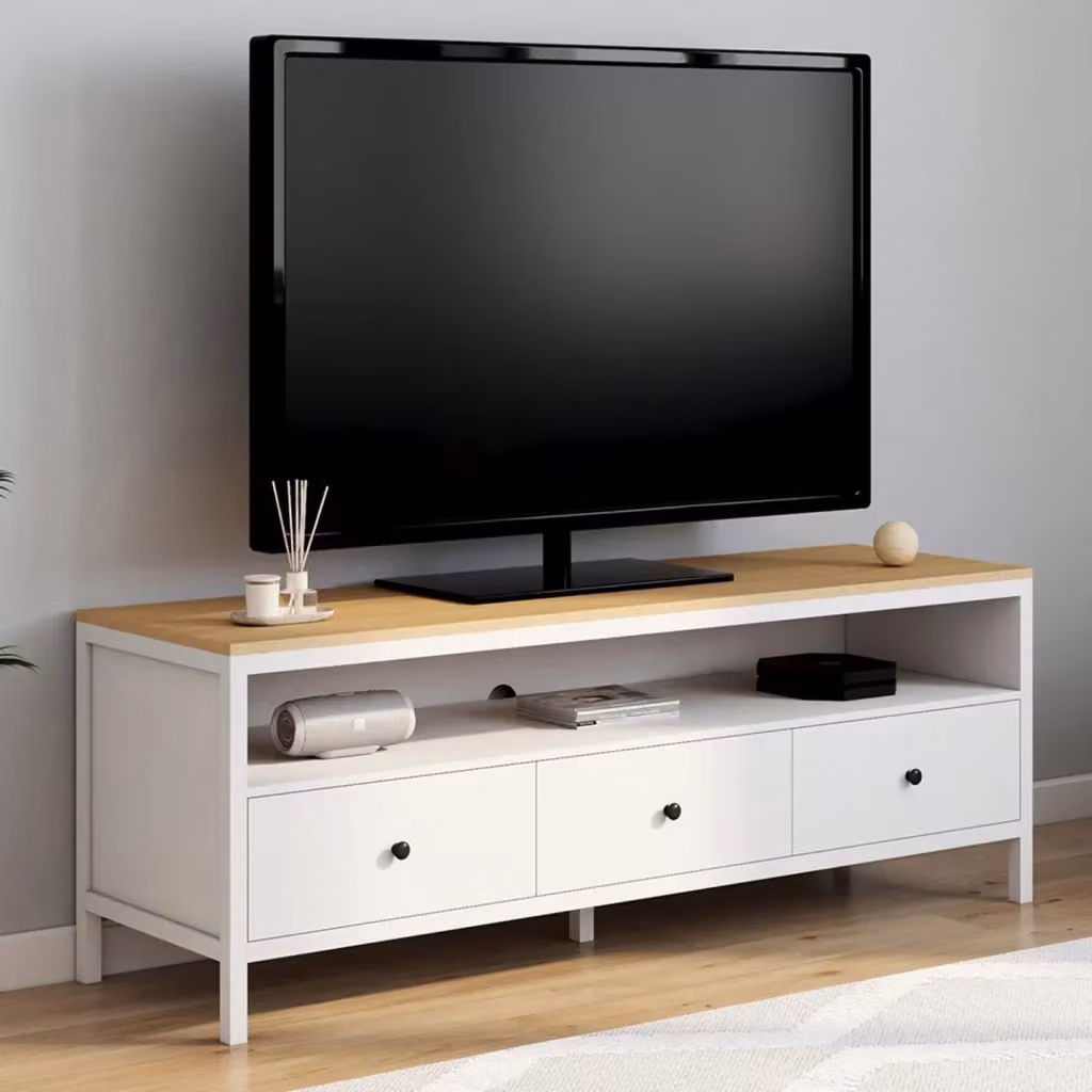 IDMarket Porta TV ACHILLE moderno con 3 cassetti bianco e piano in legno L: 140 cm, P: 40 cm, H: 50 cm – 2