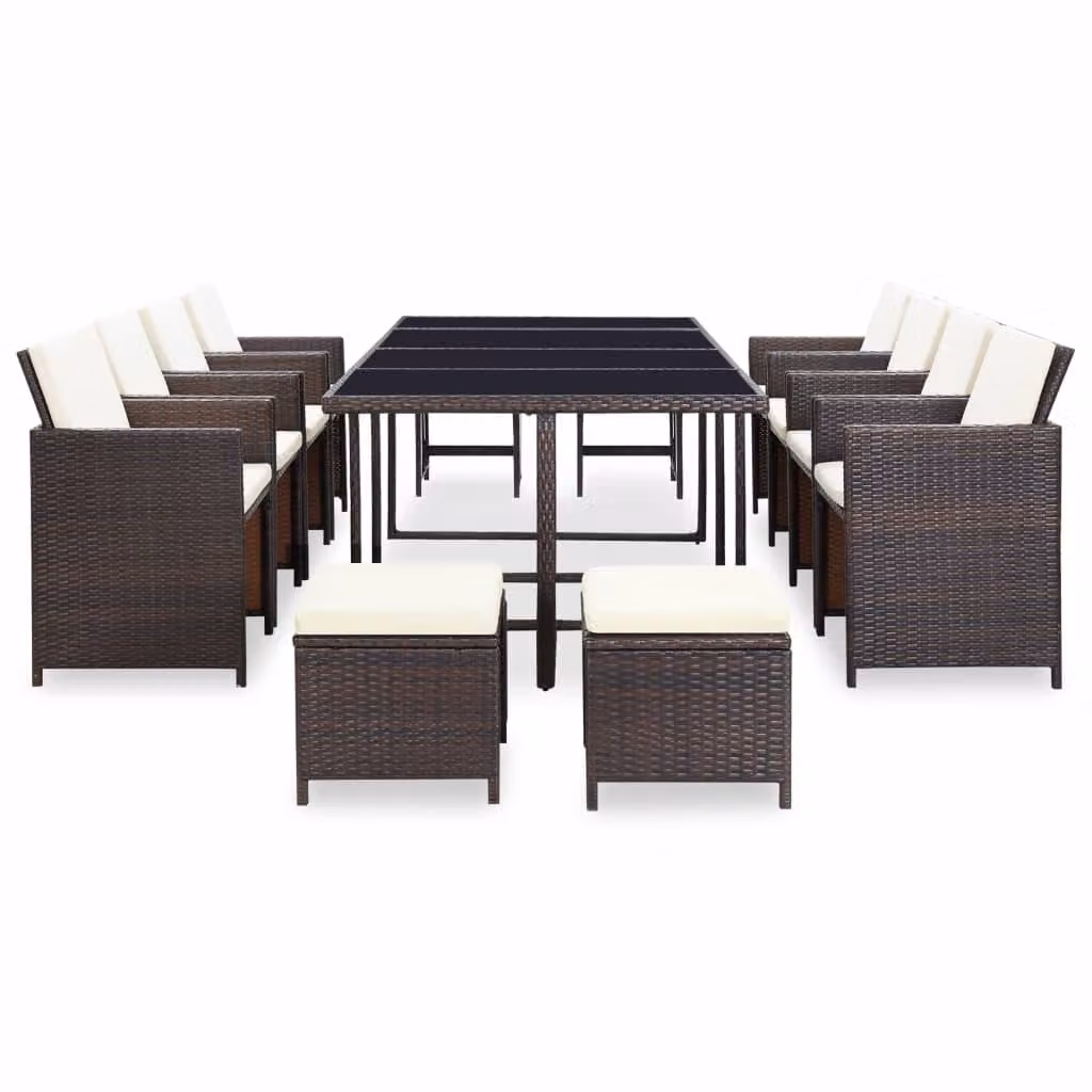 set da pranzo da giardino 13 pezzi con cuscini in poly rattan marrone