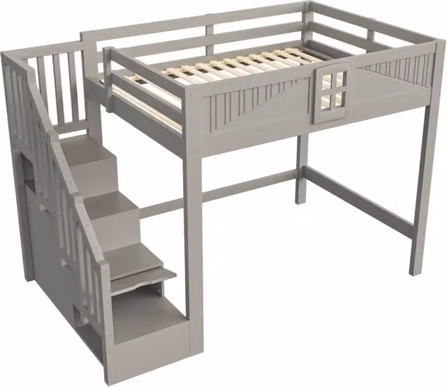 Letto a soppalco 140x200 cm con scala contenitore reversibile in legno di pino; grigio