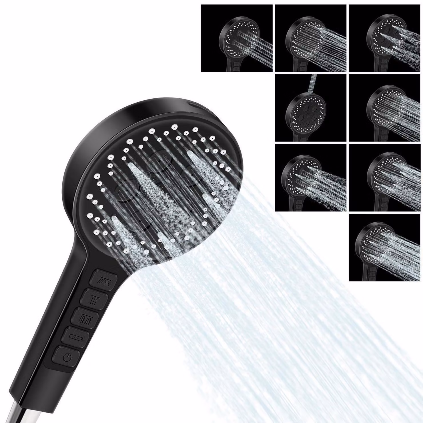 Rubinetto manuale a risparmio idrico, colore nero, 8 modalità di getto, diametro 125 mm, realizzato in ABS con filtro al cloro