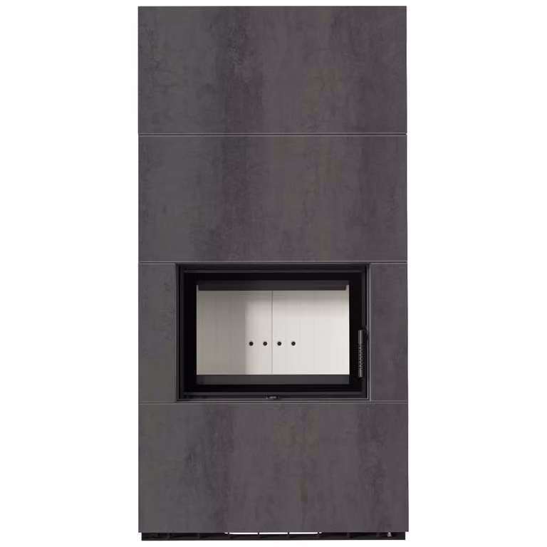 Kit camino KRATKI FLOKI BOX 8 kW Ø 160 quarzo sinterizzato NATURALI PIETRA DI SAVOIA ANTRANCITE BOCCIARDATA