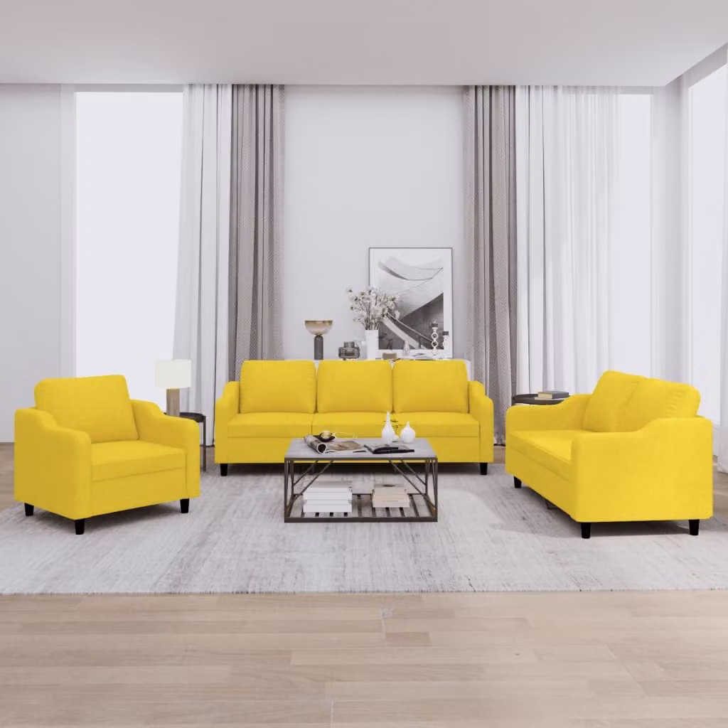 Set di divani 3 pezzi vidaXL in tessuto giallo con cuscini per soggiorno moderno – 1