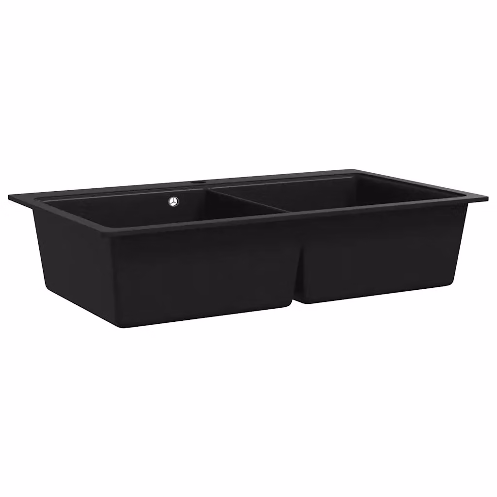 Lavandino da cucina doppio in granito nero vidaXL con montaggio sopratop, L: 86 cm, P: 51 cm, H: 20 cm – 2