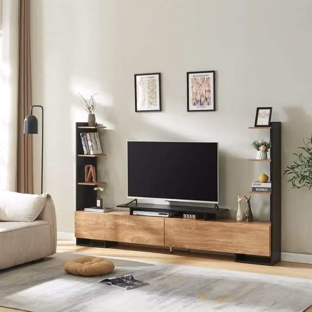 Mobile TV Rauki con Ripiani Laterali e Ante a Ribalta - Nero/Effetto Legno di Mango [en.casa]