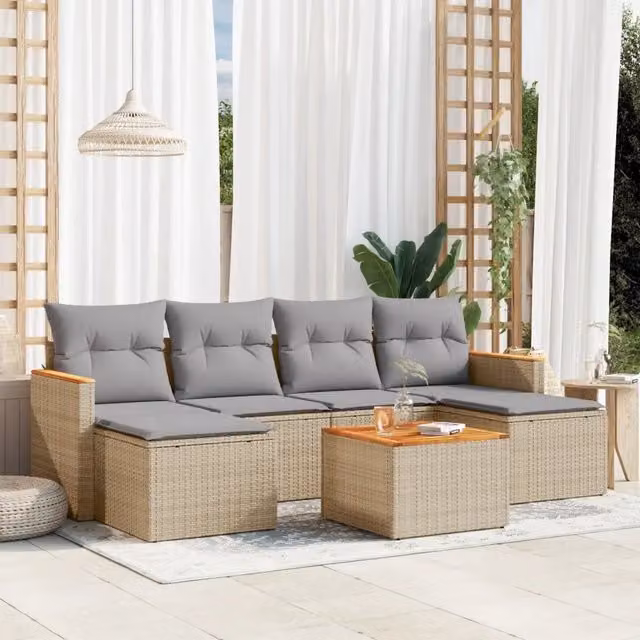 Set di Divani da Giardino VIDAXL in Polyrattan 7 Pezzi con Cuscini Beige e Grigio a Forma di L