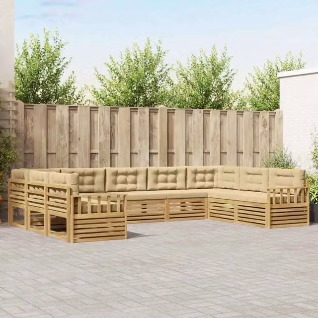 Set di divani da esterno a L vidaXL in legno di acacia con cuscini, Bianco e Beige