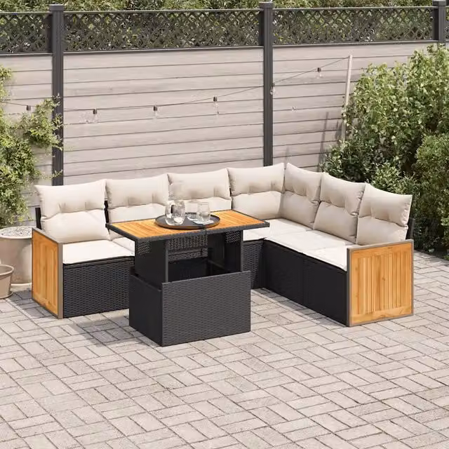 Set Divani da Giardino con Cuscini 7pz Nero Polyrattan Acacia 3327717