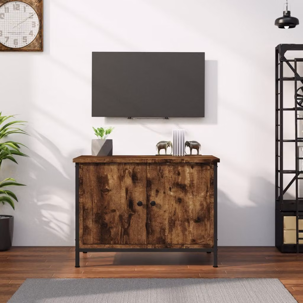 Mobile TV vidaXL con ante in rovere fumo marrone, design moderno in legno e metallo con ruote, L 60 cm x P 35 cm x H 45 cm