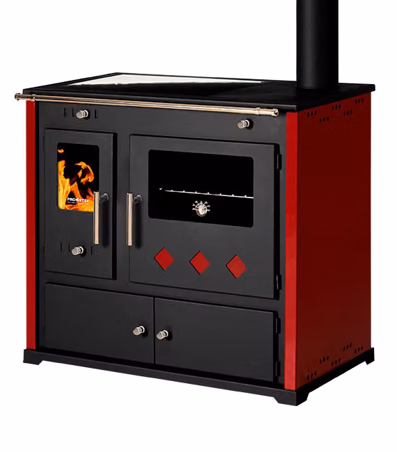 Cucina a legna Practik Lux Eco Bordo – 9,5 kW, con forno e piano cottura in vetroVetroceramica, apertura a sinistra – Classe A+