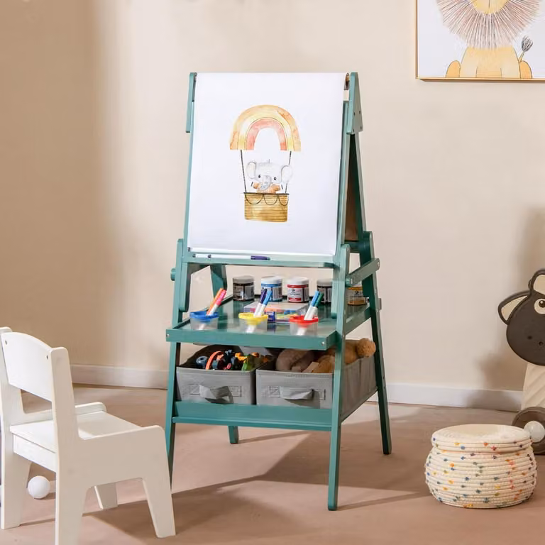 Cavalletto 3 in 1 per bambini Costway con doppia faccia magnetica e lavagna bianca, Verde