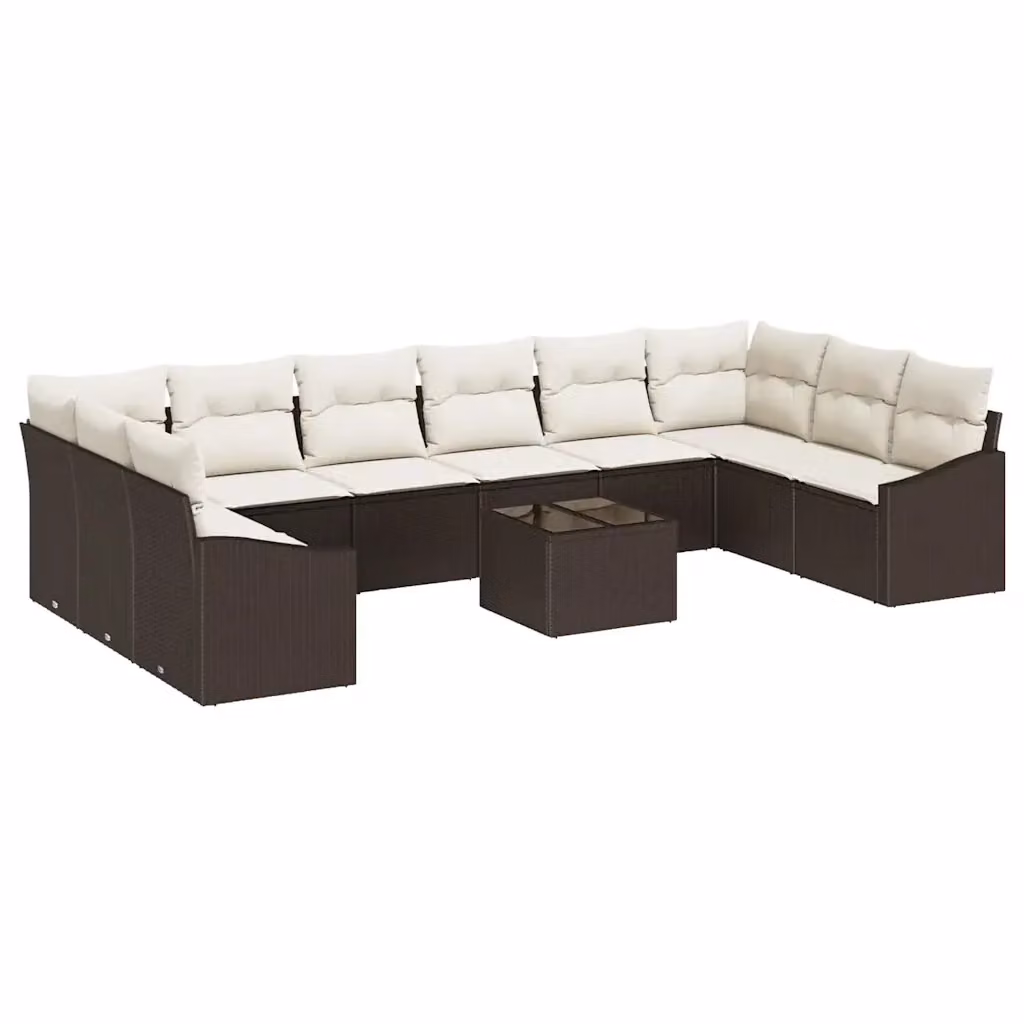Set di divani da giardino vidaXL a forma di U composto da 11 pezzi in rattan marrone con cuscini beige e tavolino da caffè esterno – 2