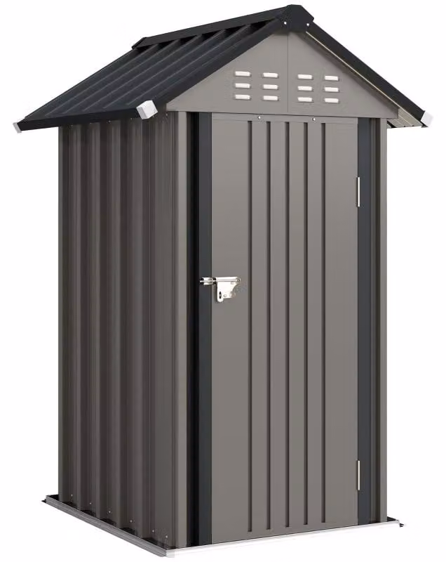 Moonbite: Struttura metallica compatta, superficie di 1,17 m², con tetto a falde, 4 prese d'aria, serratura per porta, senza fondamenta, dimensioni 122 × 121 × 192 cm, metallo, grigio chiaro