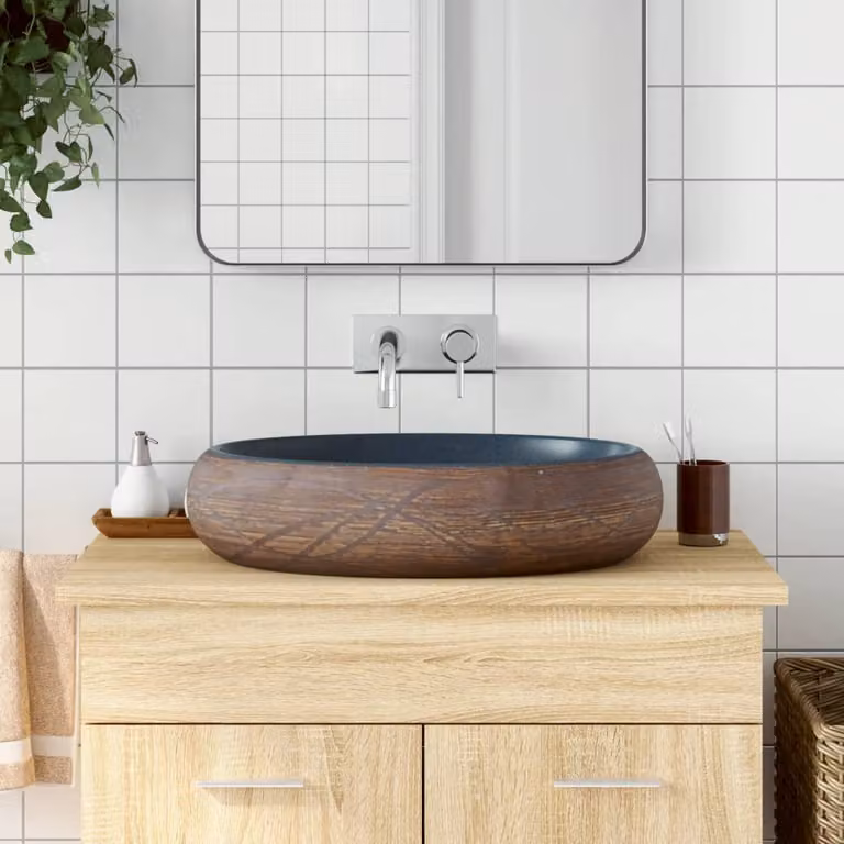 Lavabo da appoggio ovale vidaXL in ceramica, marrone e blu, L: 59 cm, P: 40 cm, H: 15 cm