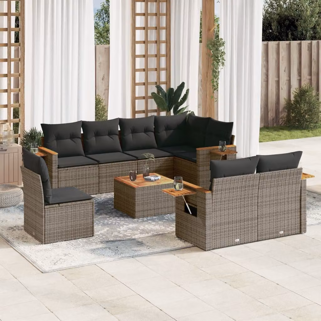 vidaXL Set Divano da Giardino 9 pz in Polyrattan Grigio con Cuscini e Tavolino da Caffè – 1