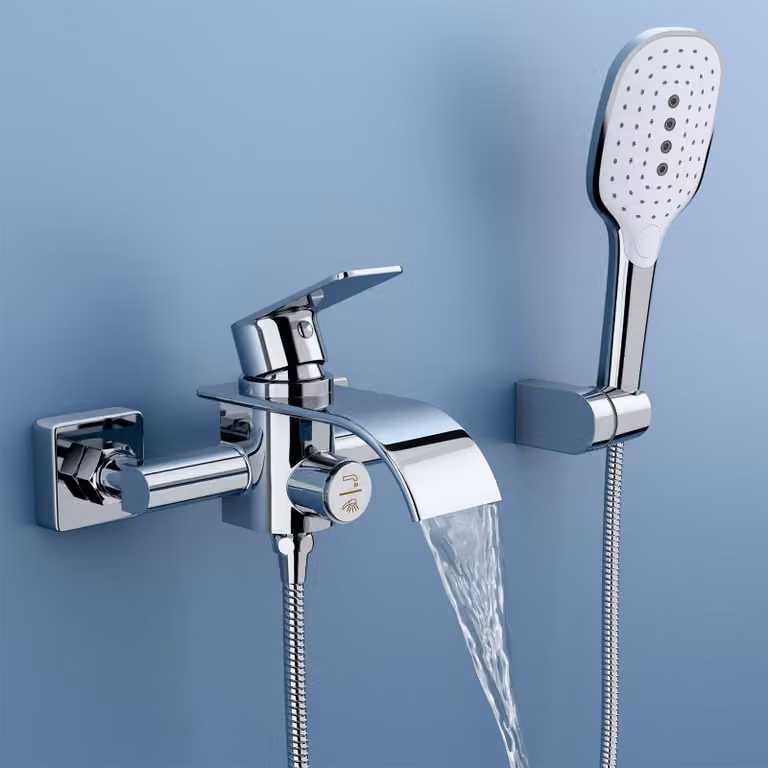 Miscelatore per vasca da bagno con doccetta, effetto cascata, in ottone, con 3 funzioni