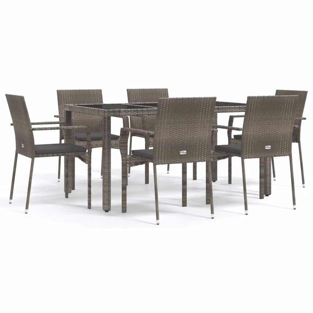 Set da Pranzo da Giardino 7 pz con Cuscini in Polyrattan Grigio