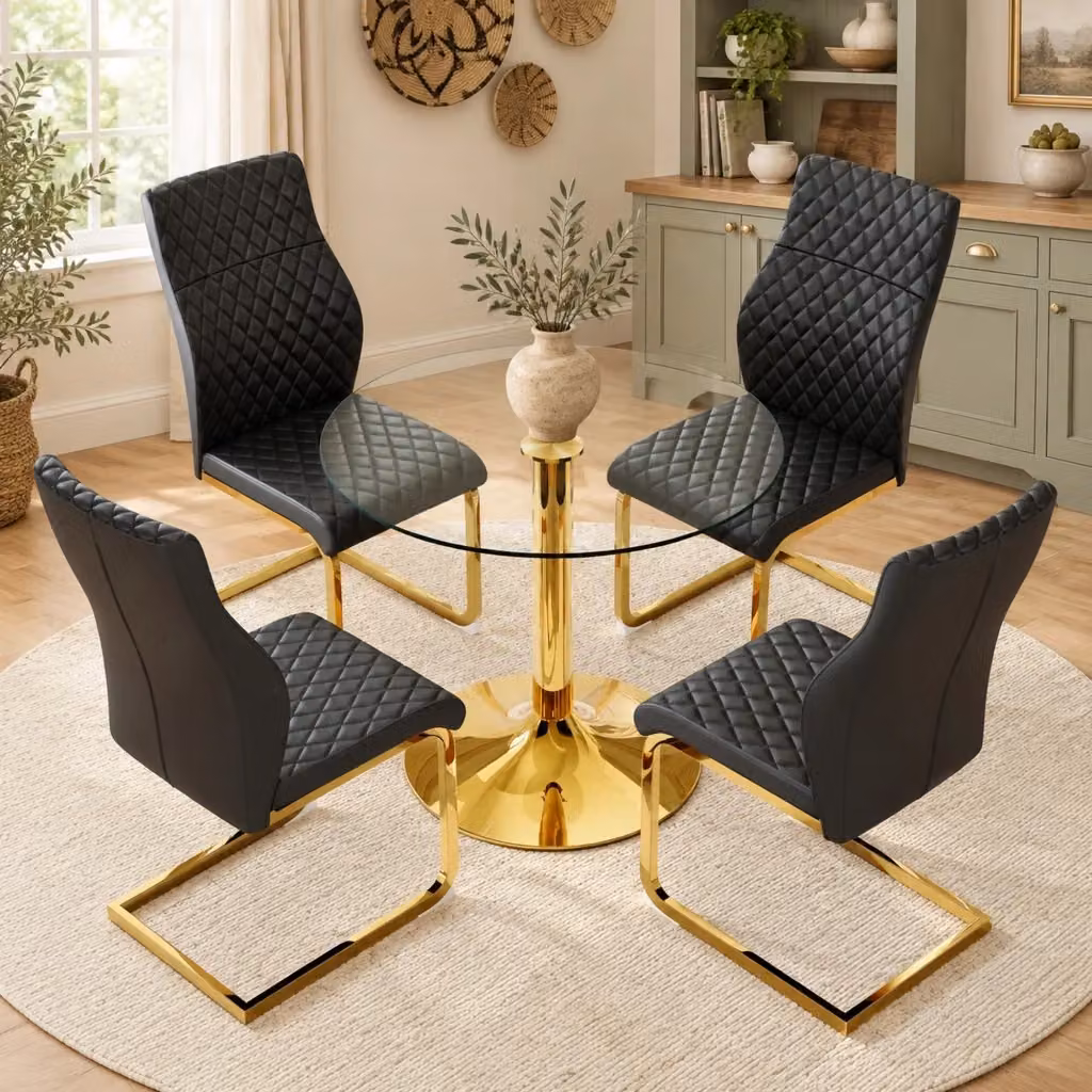 Set tavolo rotondo e 4 sedie Mivray in vetro temperato trasparente e metallo dorato con seduta in PU nero per la tua sala da pranzo moderna – 2