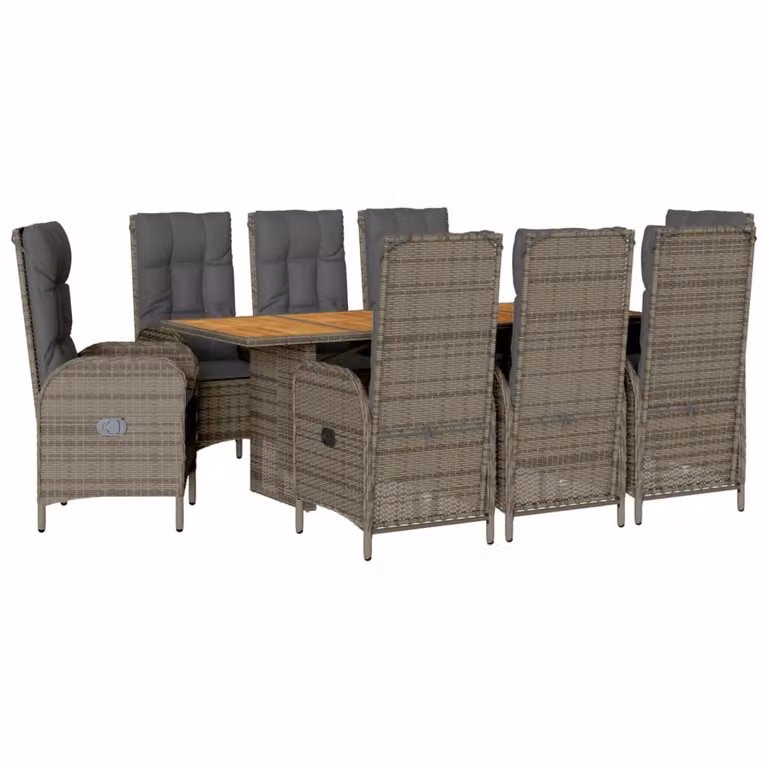 Set da Pranzo da Giardino 9 pz con Cuscini in Polyrattan Grigio
