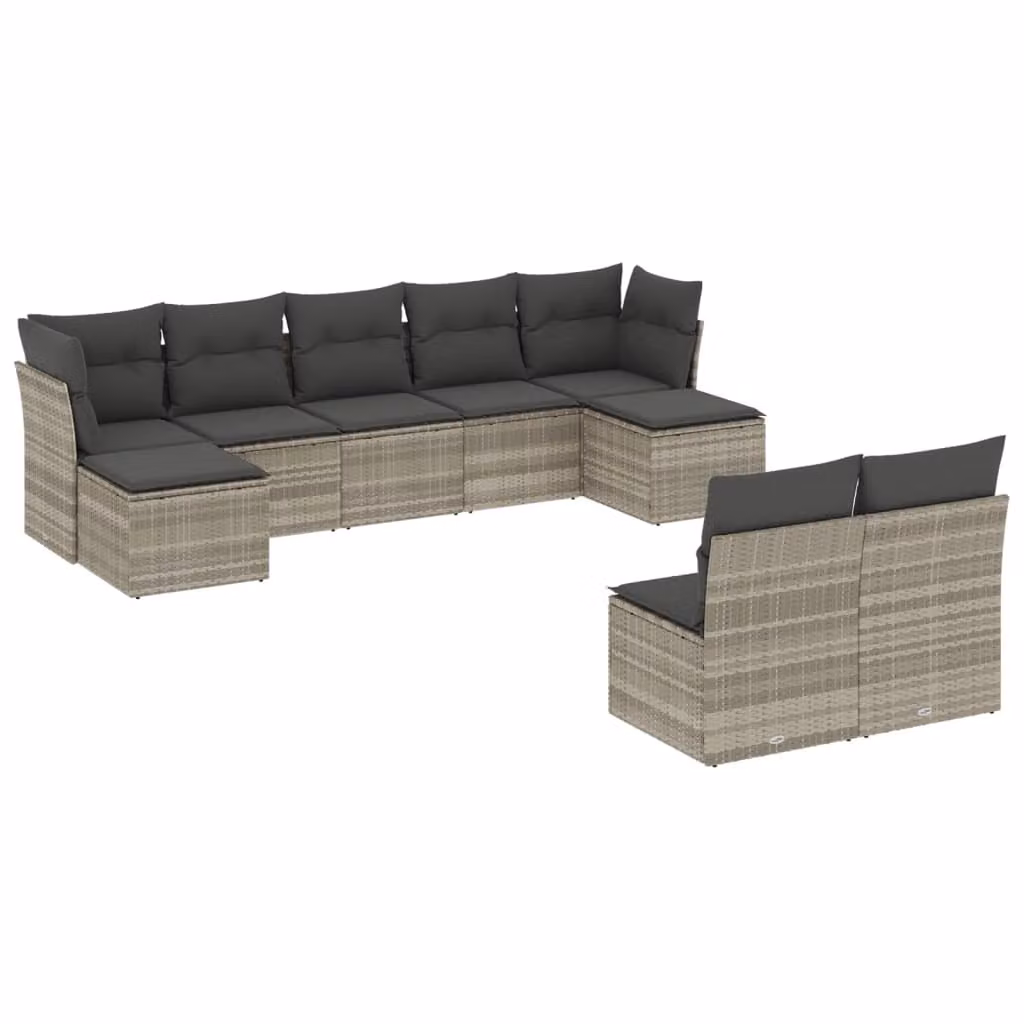 Set Divano da Giardino 9pz con Cuscini Grigio Chiaro Polyrattan