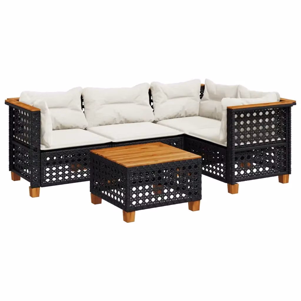 Set da giardino moderno vidaXL composto da 5 pezzi con divano a L, poltrona, tavolino e cuscini in polyrattan nero e bianco con coperture rimovibili – 2
